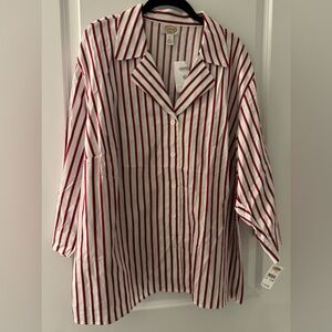 #2435 Talbots Woman White with Red & Black Stripes 3/4 Sleeve Button Down Blouse